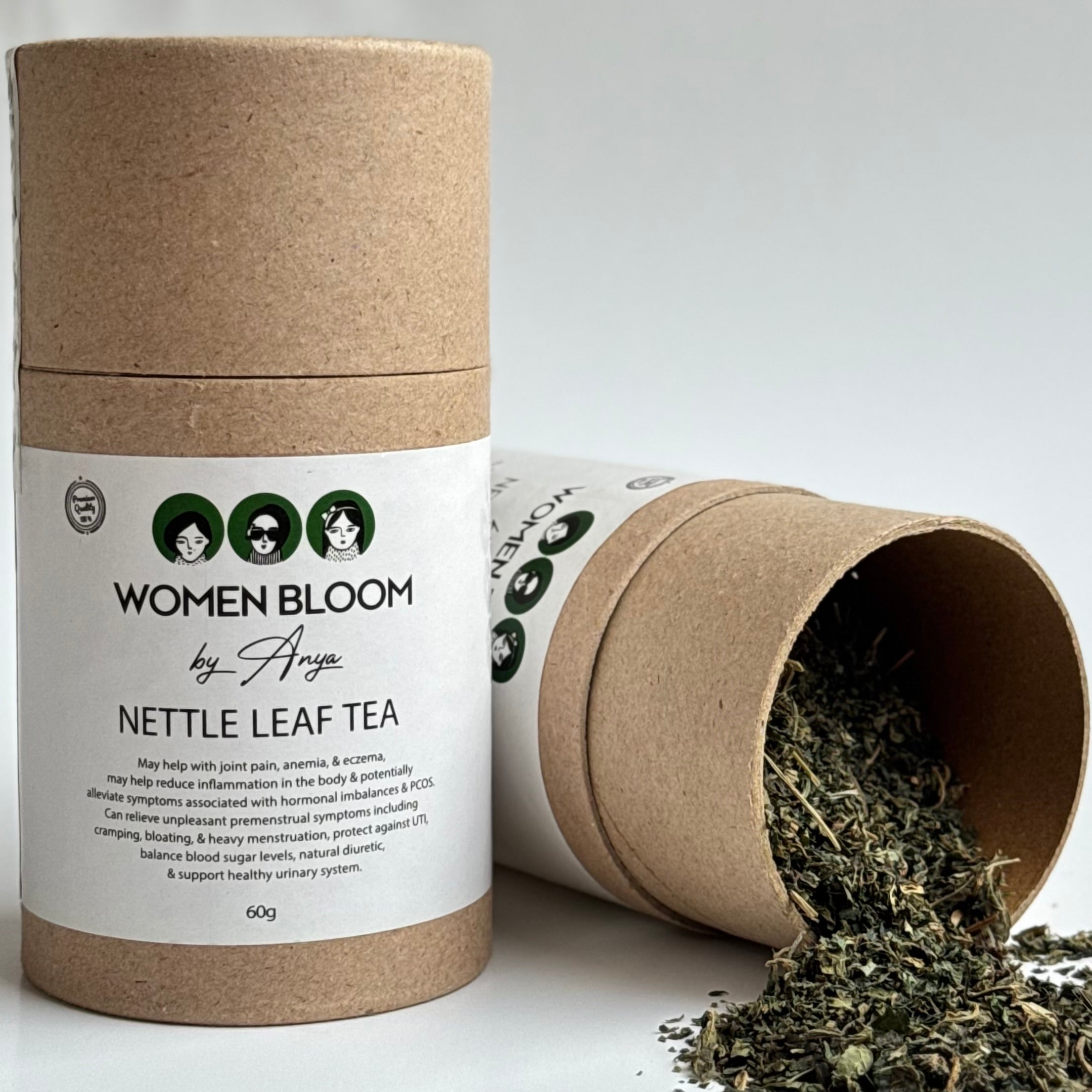 Nettle leaf tea packaging with visible tea leaves on a white background